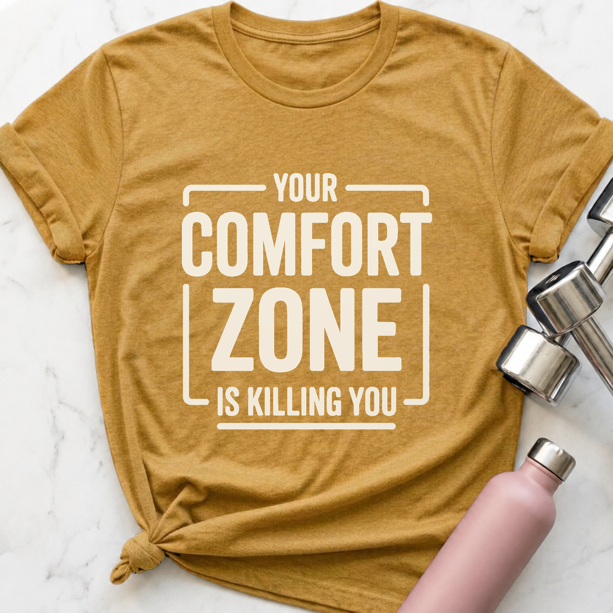 Comfort Zone Warning T-Shirt — Heather Mustard