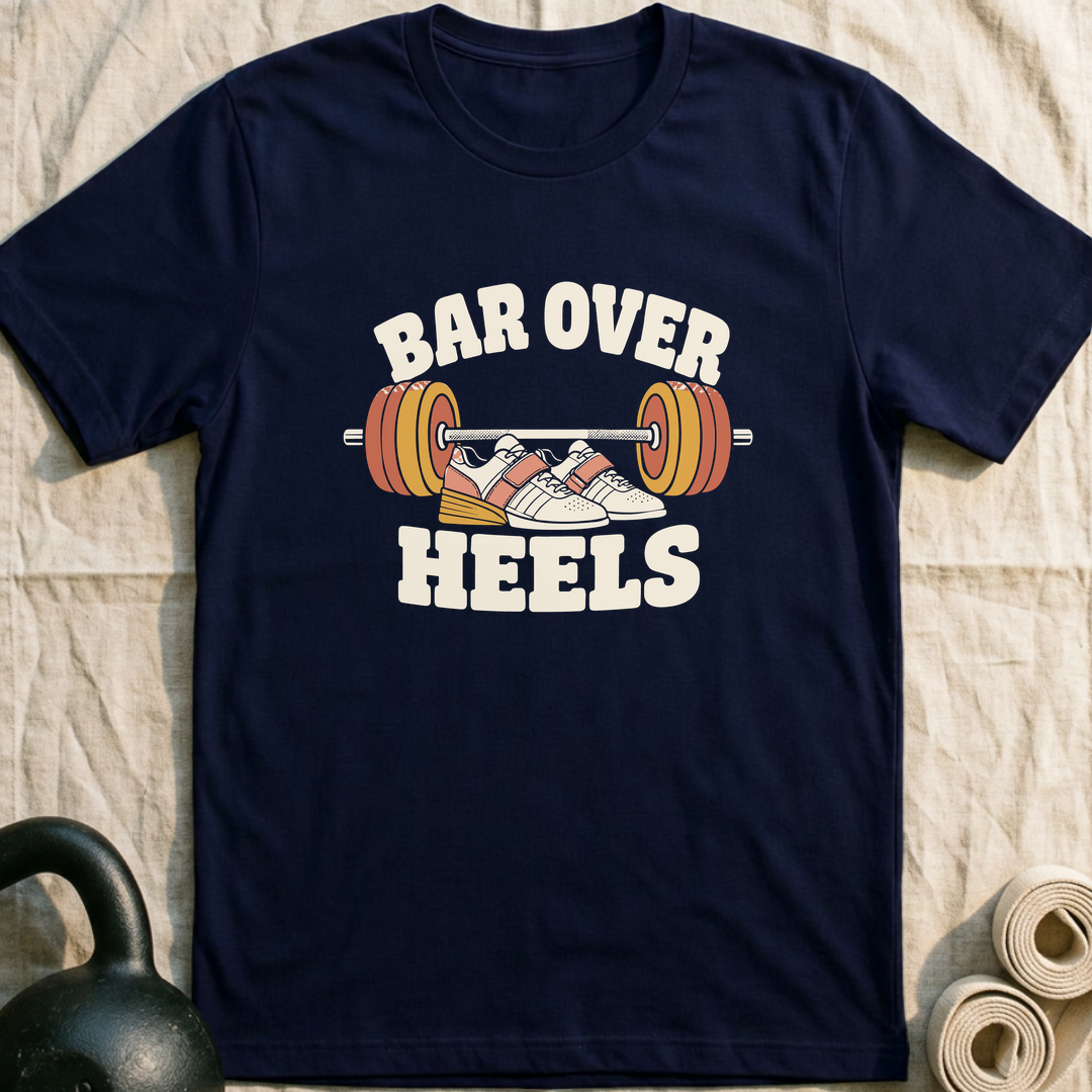 Bar Over Heels Lifting Shoes T-Shirt — Navy