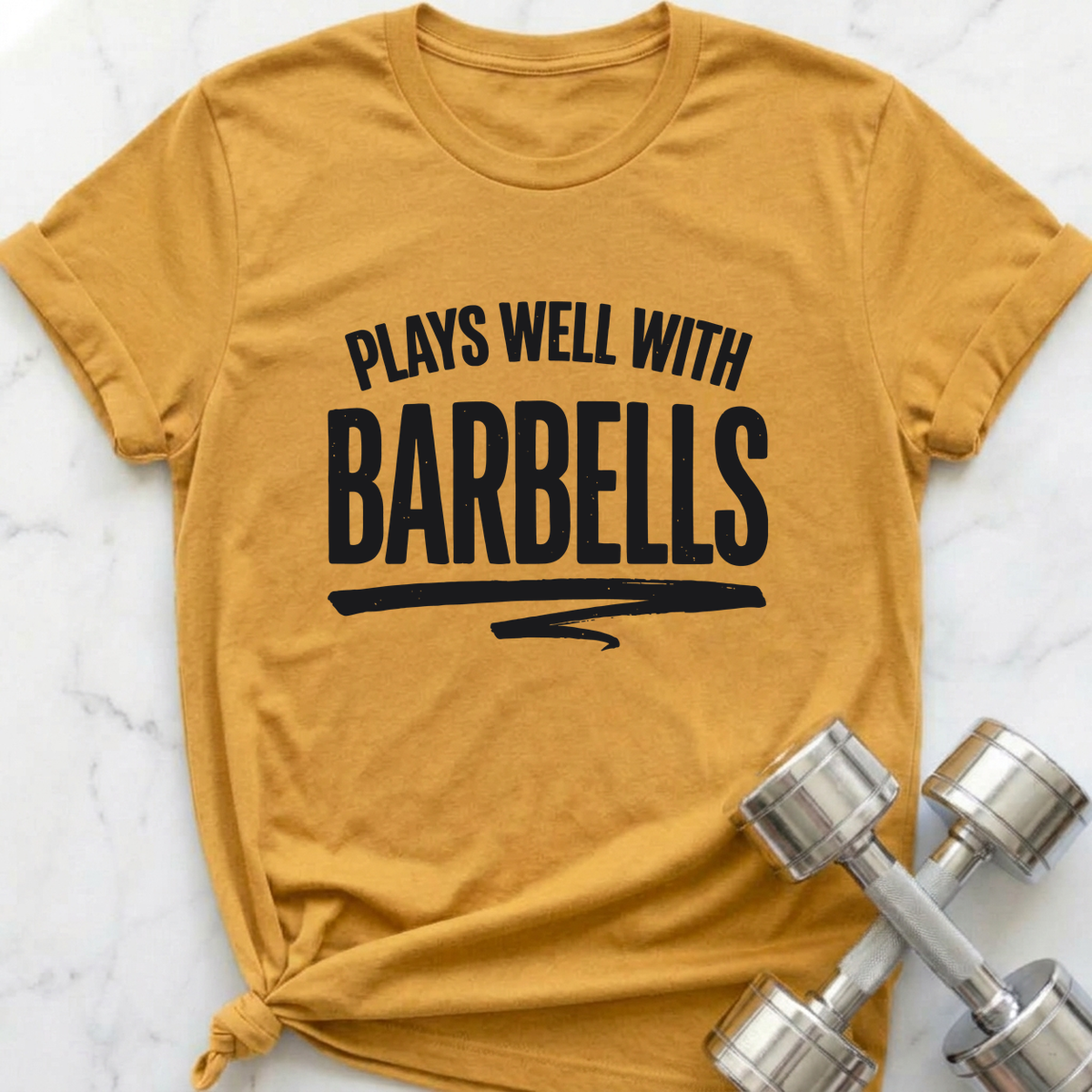Plays Well With Barbells Brush T-Shirt — Heather Mustard