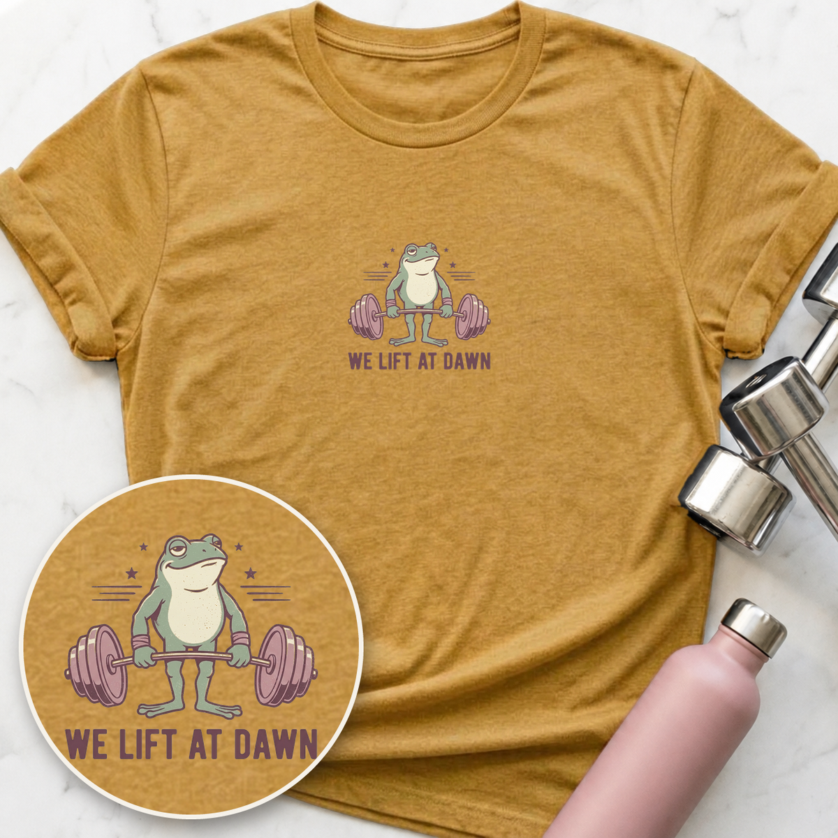 We Lift At Dawn T-Shirt — Heather Mustard