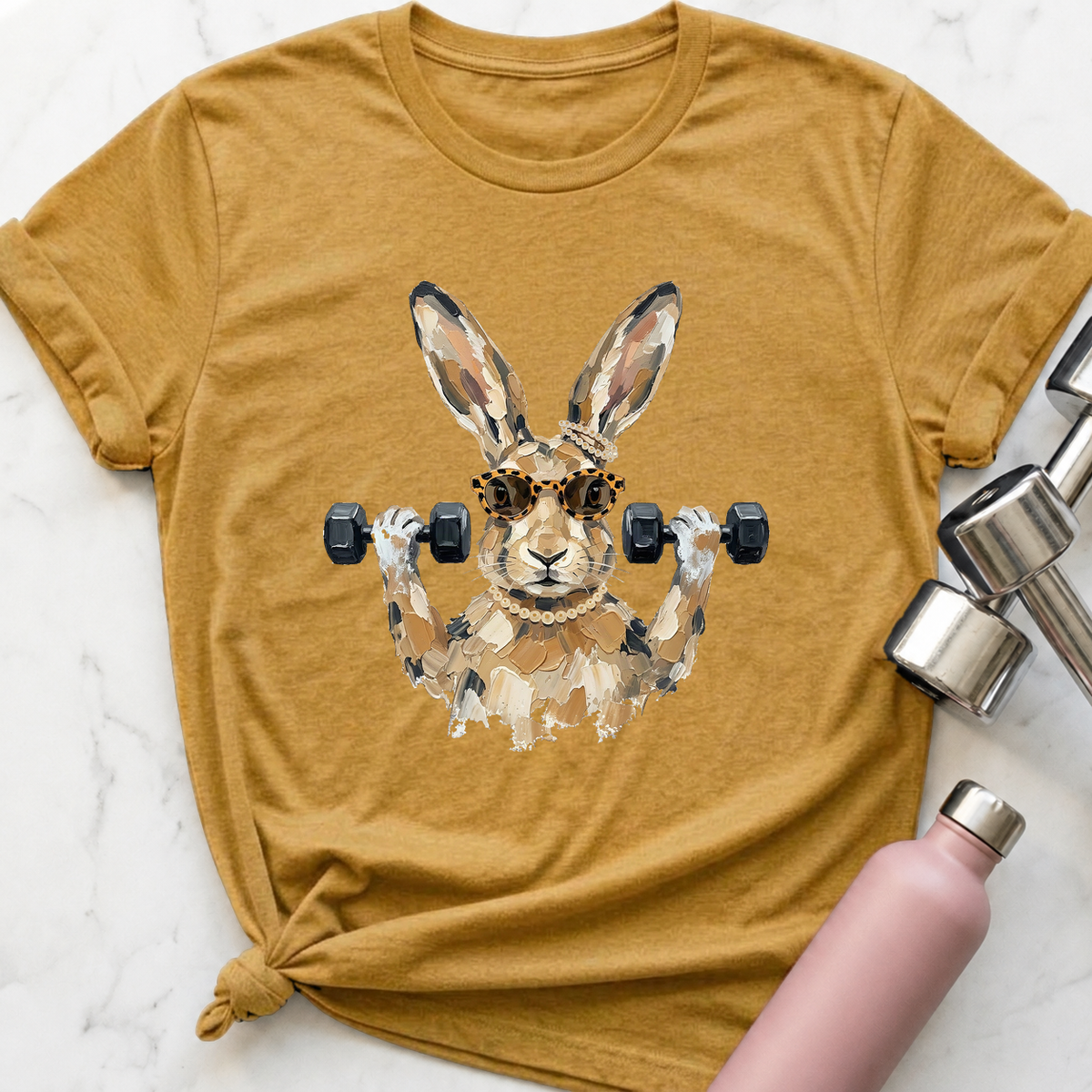 Glam Hare Biceps Curl T-Shirt — Heather Mustard