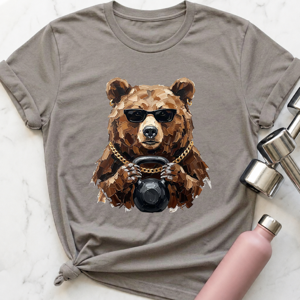 Glam Bear Kettlebell T-Shirt — Athletic Heather