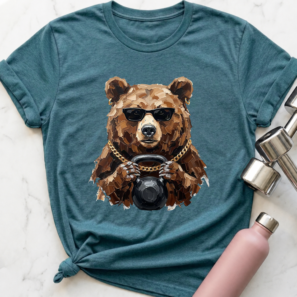 Glam Bear Kettlebell T-Shirt — Heather Deep Teal