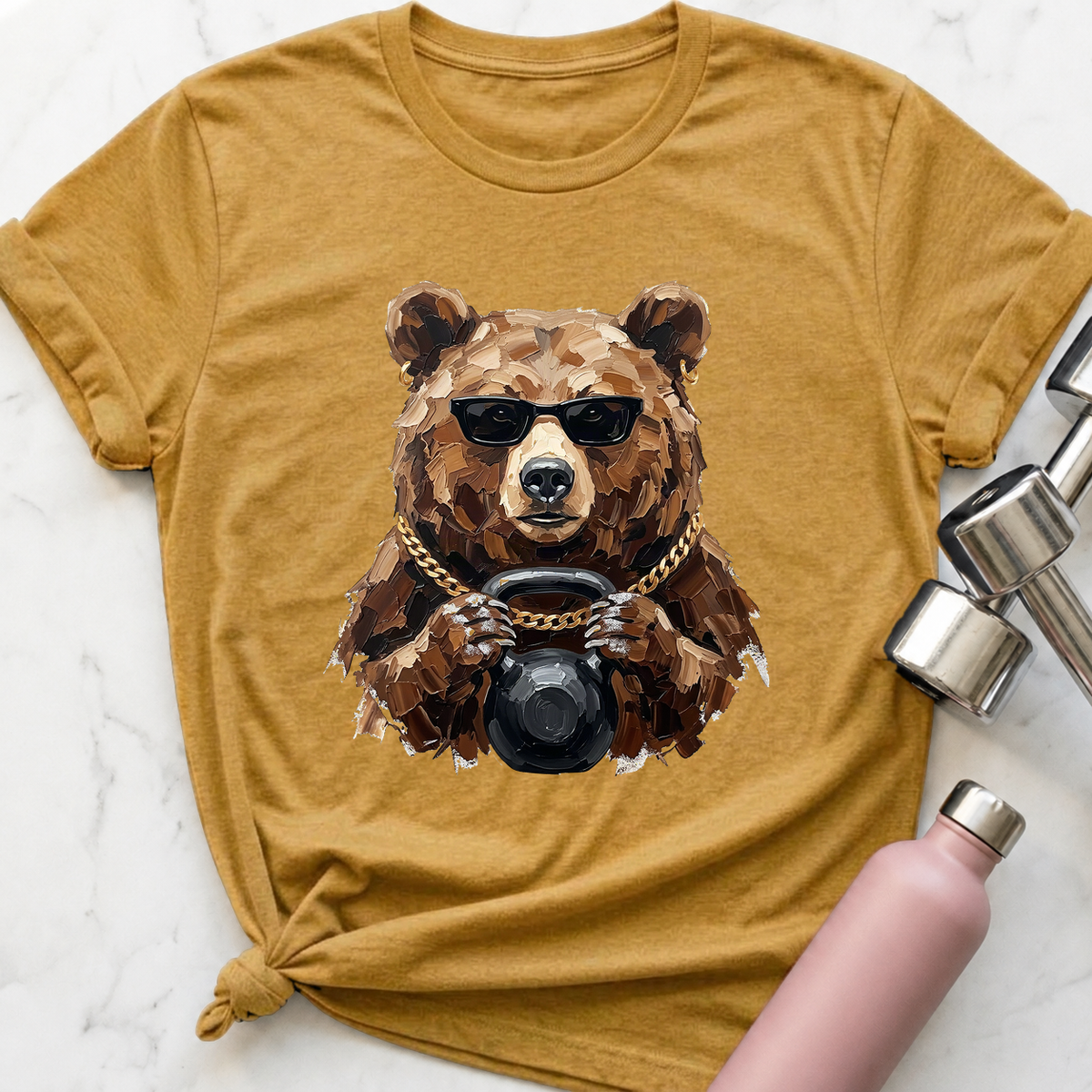Glam Bear Kettlebell T-Shirt — Heather Mustard