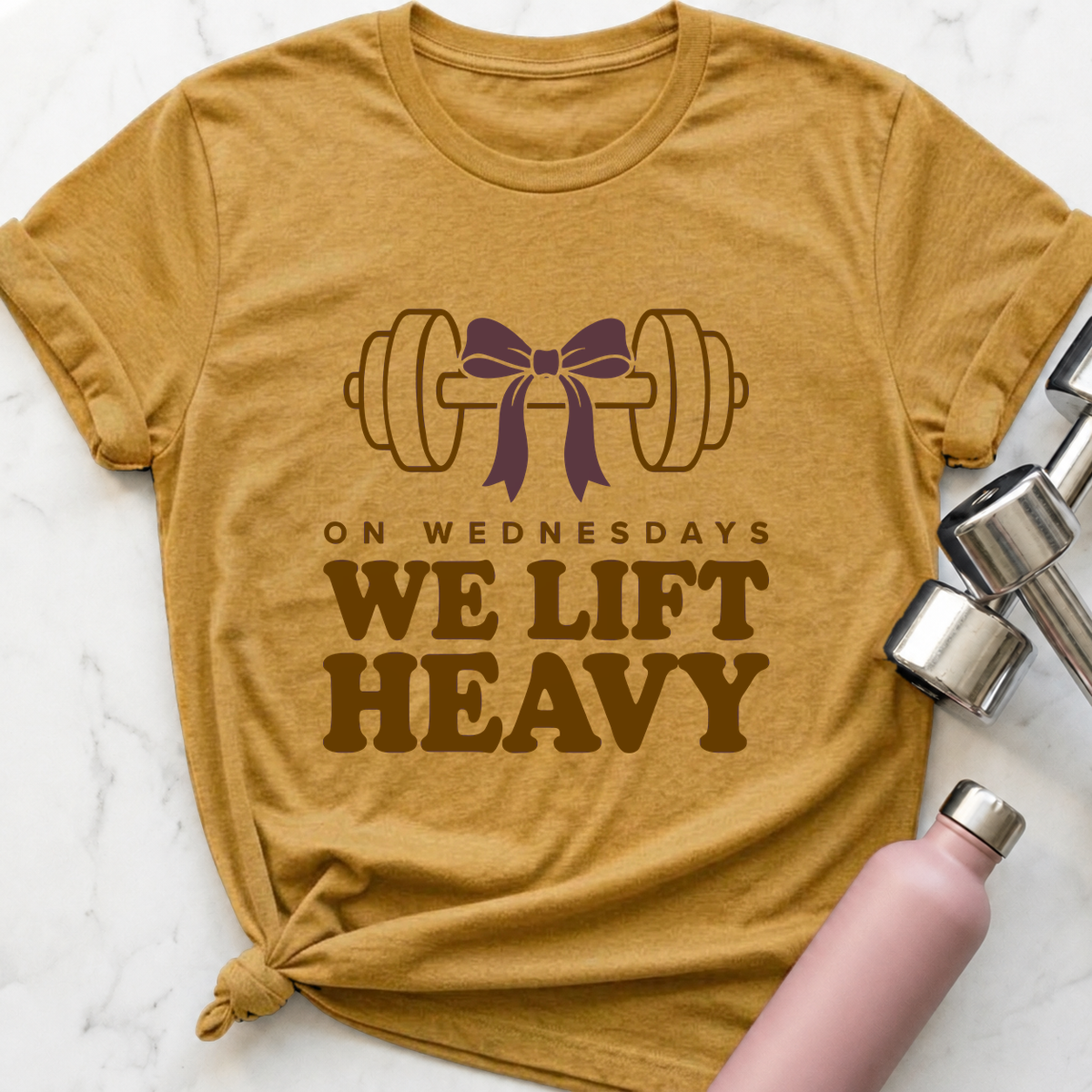 On Wednesdays We Lift Heavy T-Shirt — Heather Mustard