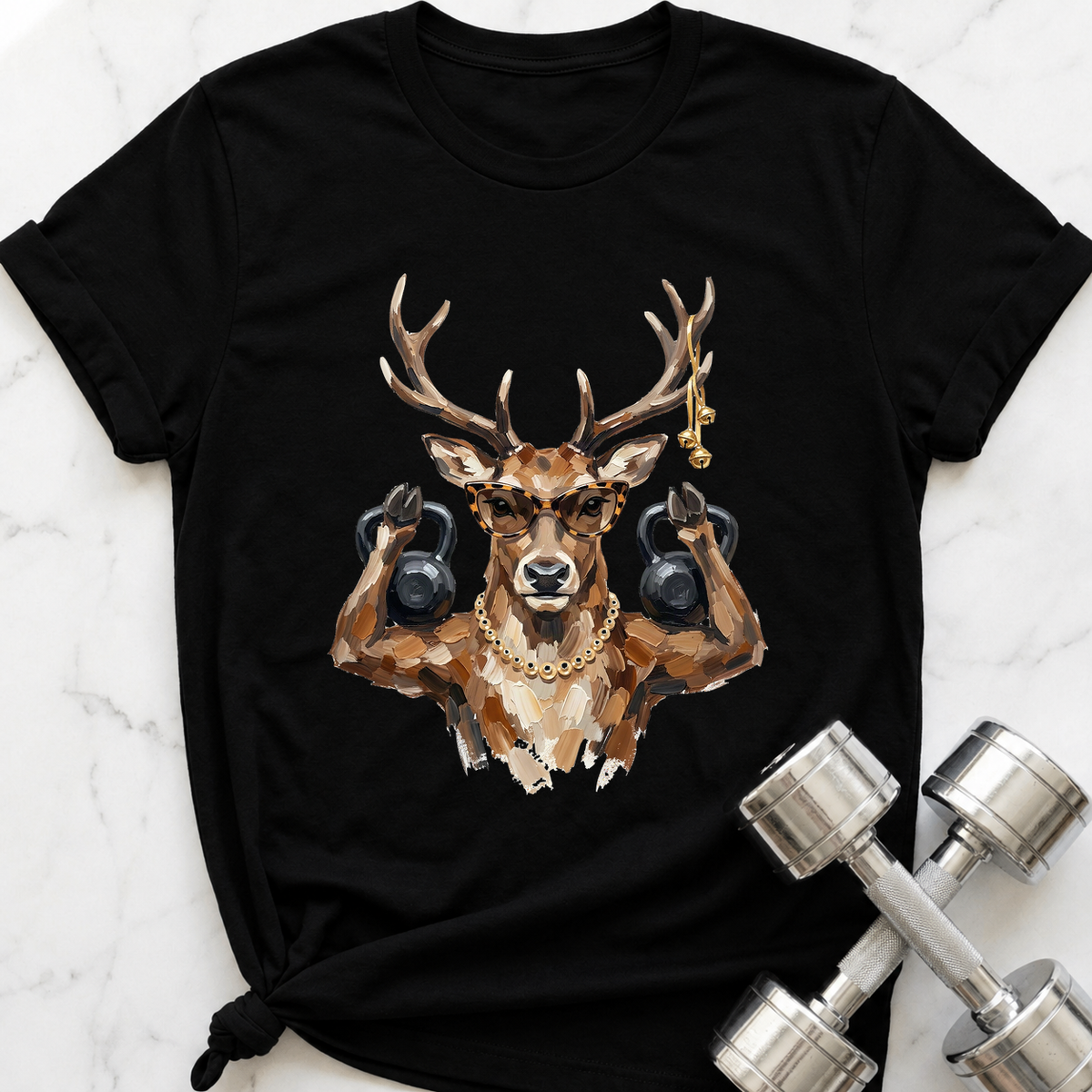Glam Reindeer Kettlebell T-Shirt — Black