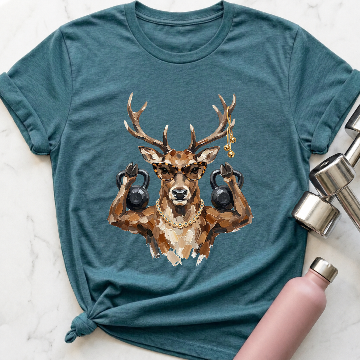 Glam Reindeer Kettlebell T-Shirt — Heather Deep Teal