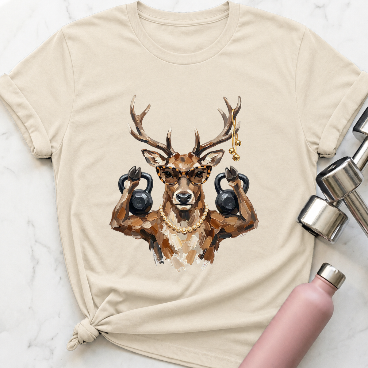 Glam Reindeer Kettlebell T-Shirt — Natural