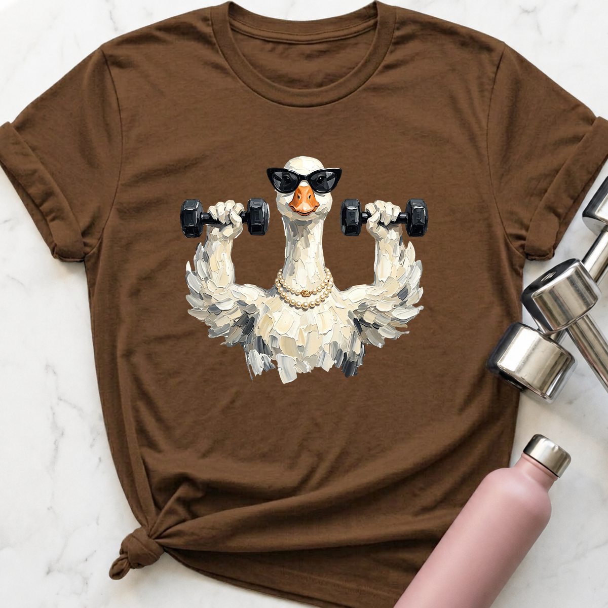 Glam Goose Shoulder Press T-Shirt — Heather Brown