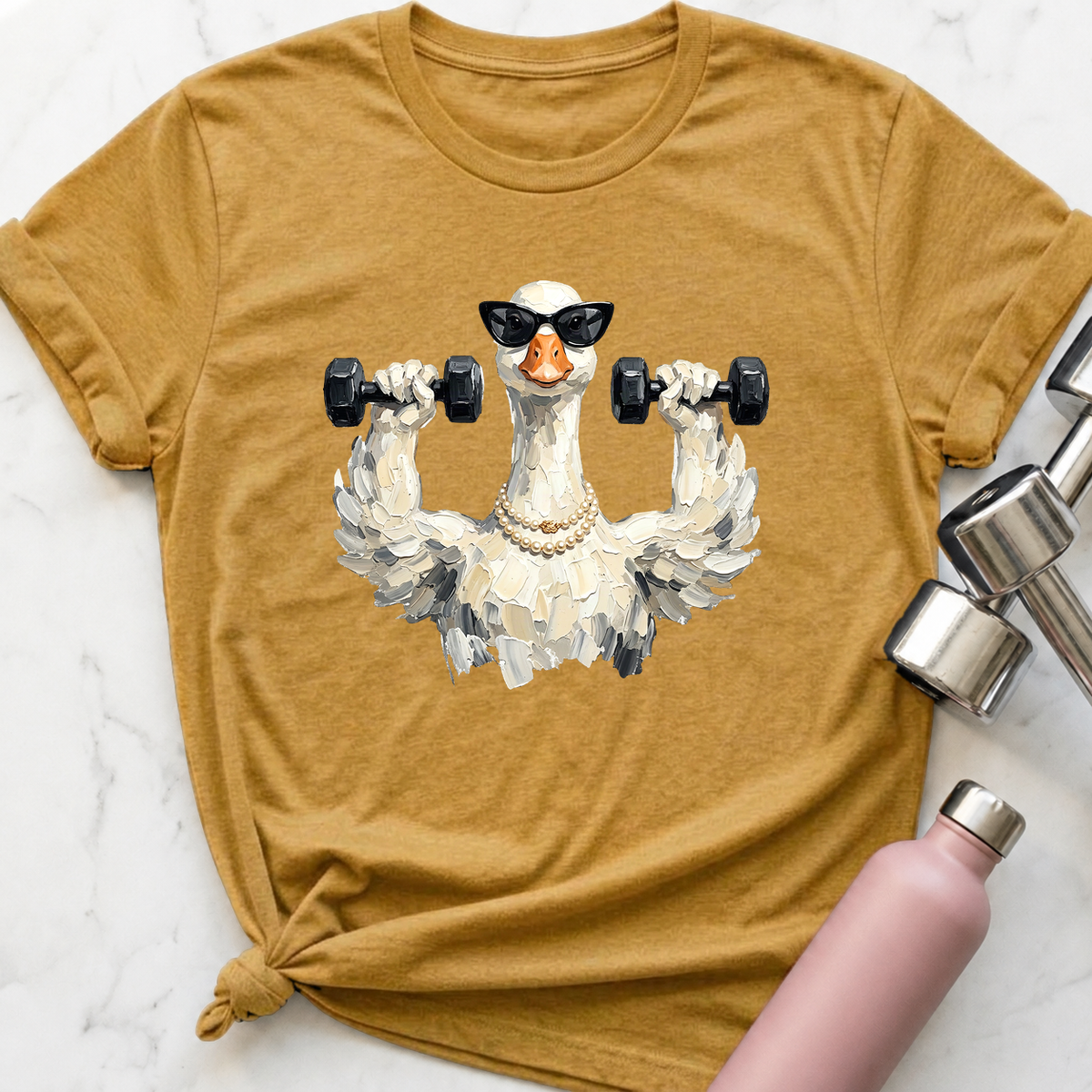 Glam Goose Shoulder Press T-Shirt — Heather Mustard