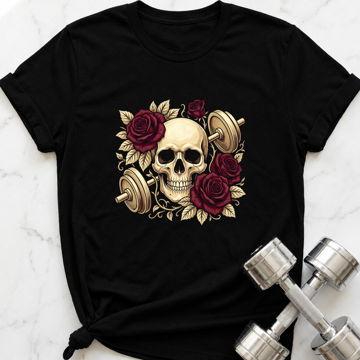 Skull And Roses Dumbbell T-Shirt — Black