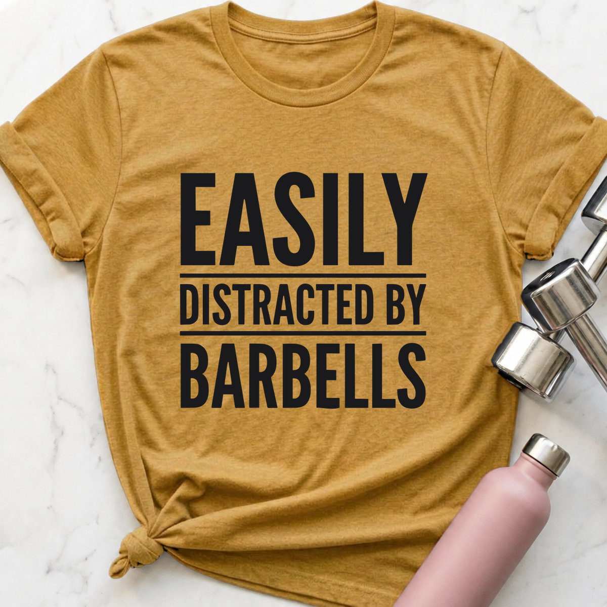 Easily Distracted By Barbells T-Shirt — Heather Mustard