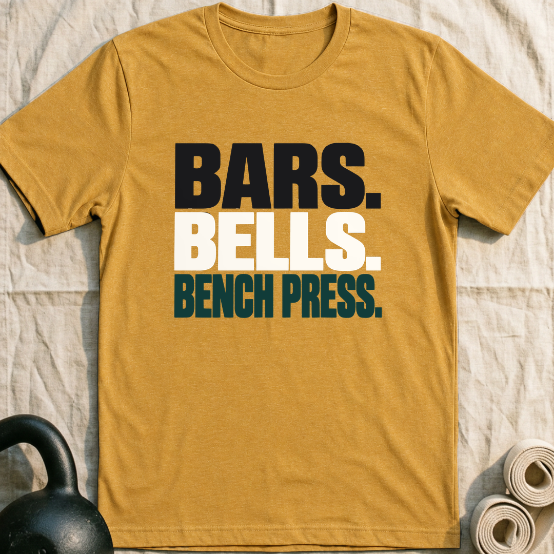 Bars Bells Bench Press T-Shirt — Heather Mustard