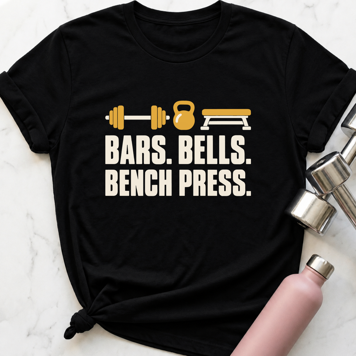 Bars Bells Bench Press Icons T-Shirt — Black