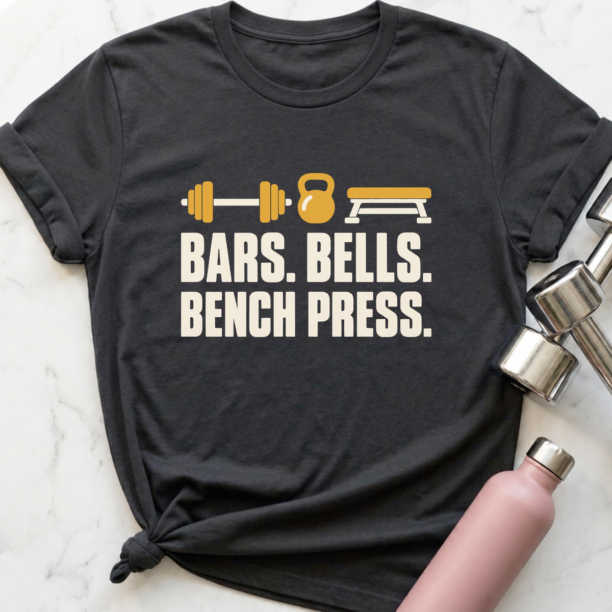 Bars Bells Bench Press Icons T-Shirt — Dark Grey Heather