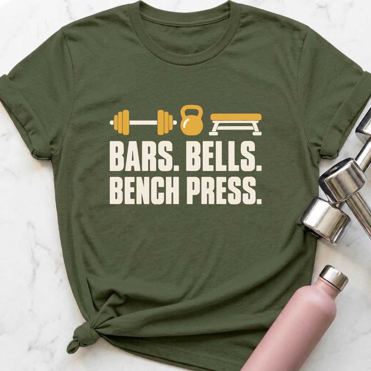 Bars Bells Bench Press Icons T-Shirt — Military Green