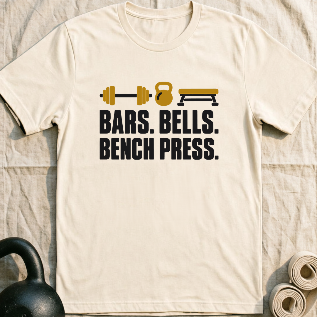 Bars Bells Bench Press Icons T-Shirt — Natural