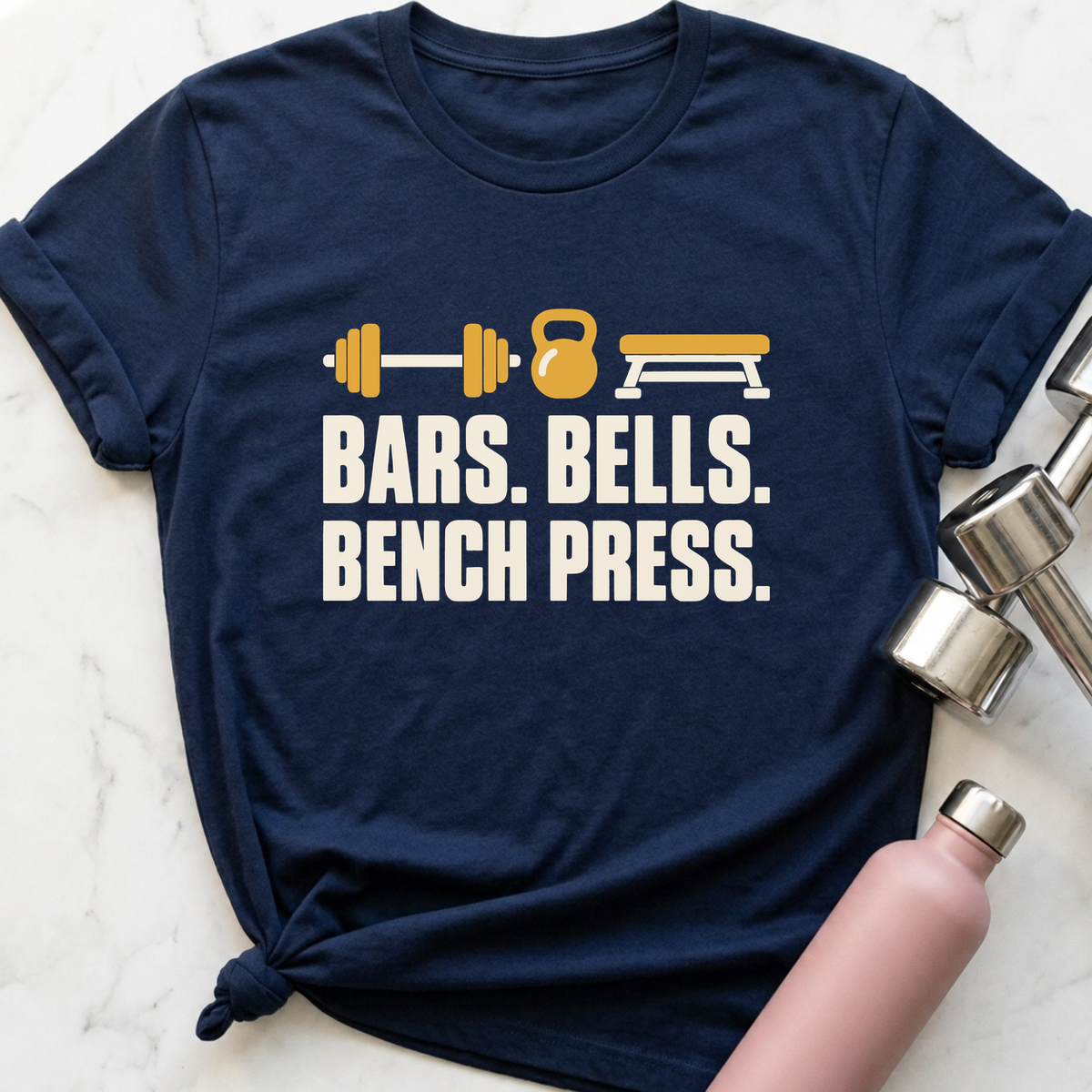 Bars Bells Bench Press Icons T-Shirt — Navy
